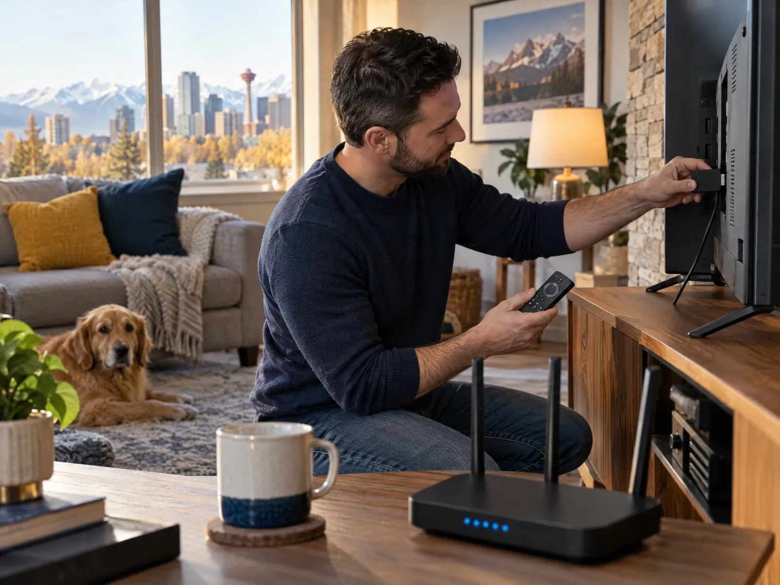 Customer setting up a streaming device for IPTV in Calgary