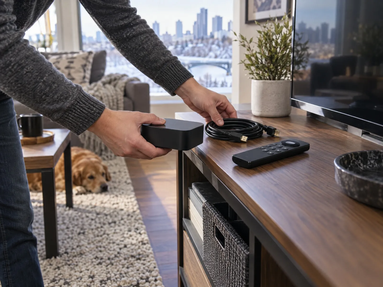 Streaming device, remote and HDMI cable being organized in an Edmonton home