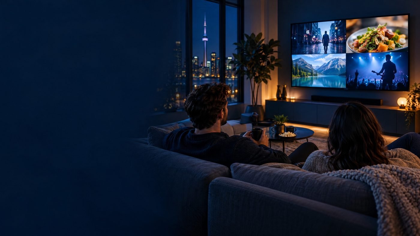 Friends watching entertainment television together in a modern living room