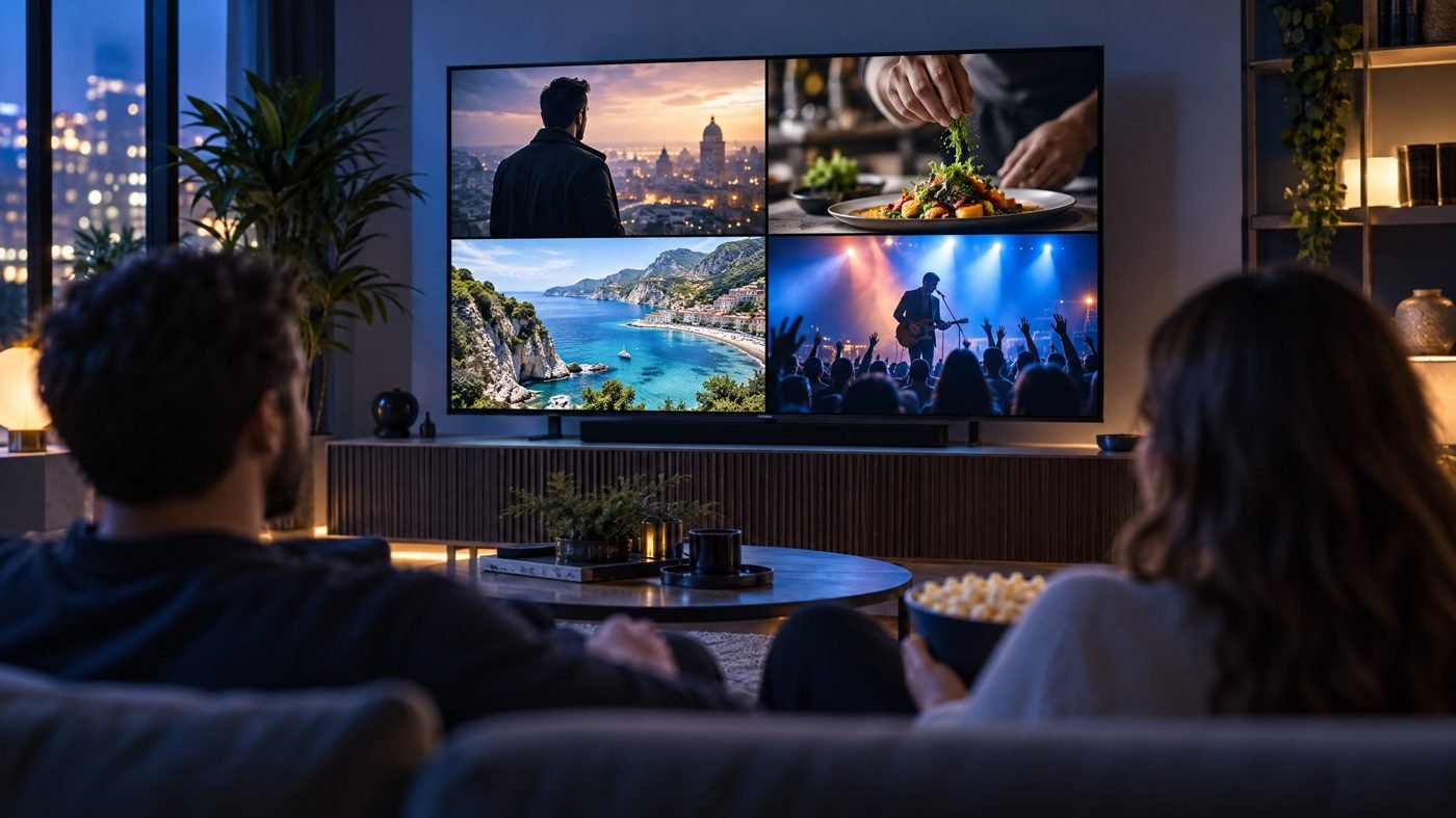 Entertainment programme categories displayed on a television screen