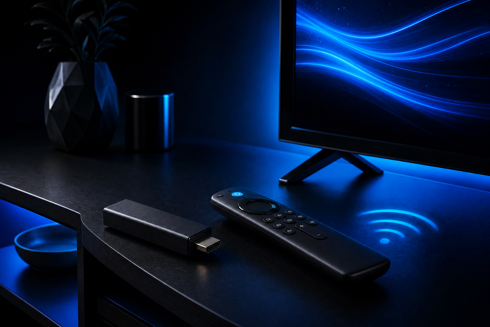 Generic streaming stick and remote beside a television with a Wi-Fi signal