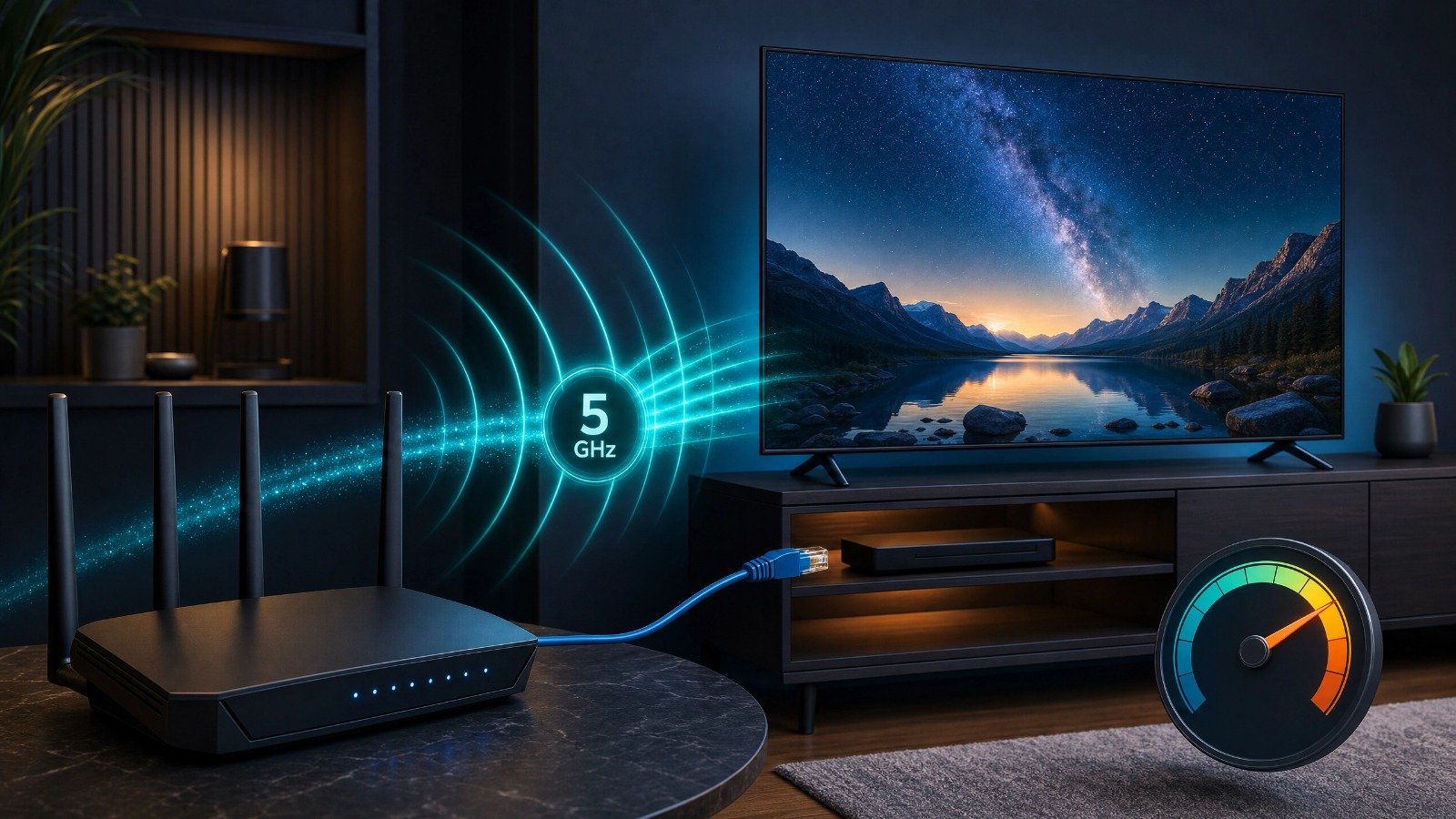 Router and ethernet cable connected to a smart television