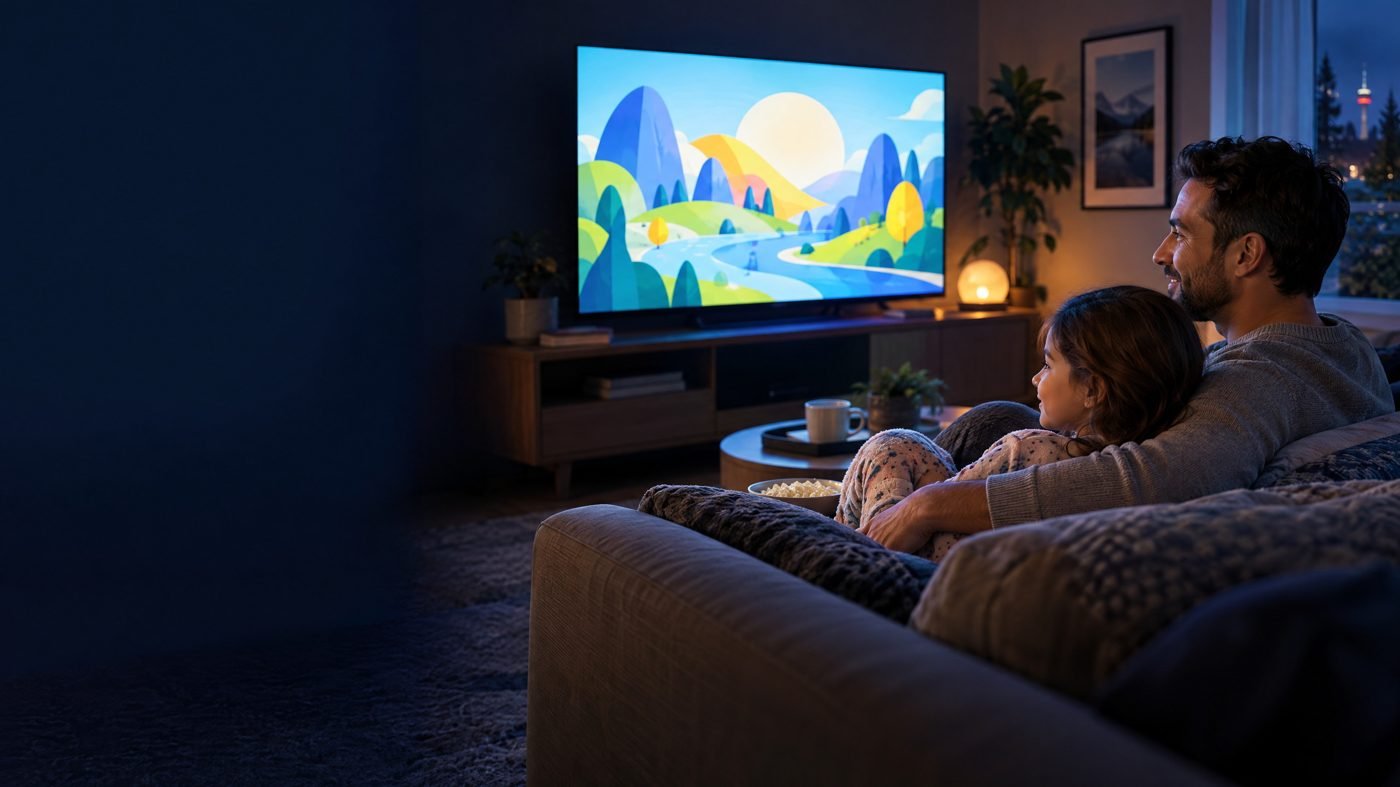 Parent and child enjoying a family television programme at home