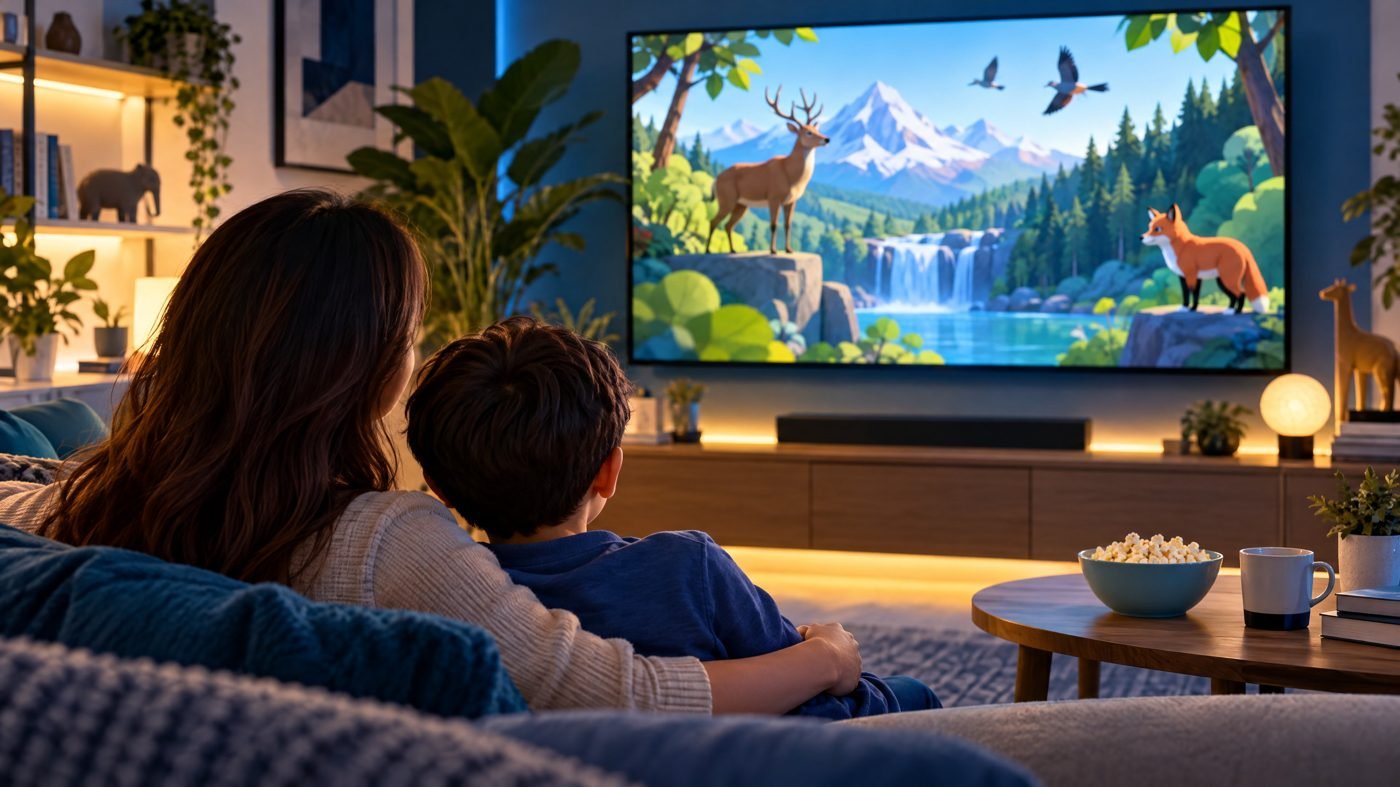 Child and parent watching a learning programme on a television