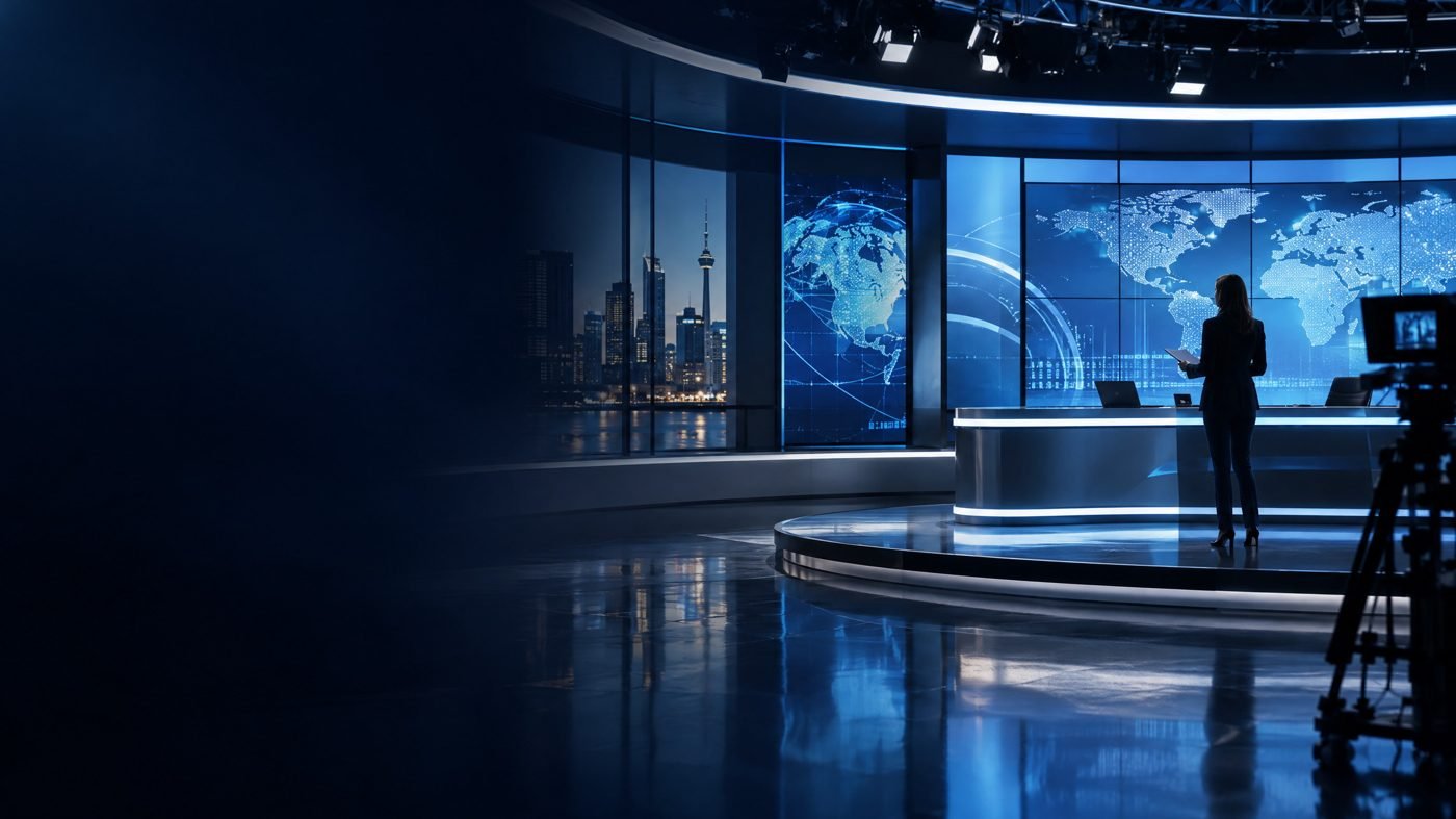 Canadian and international news coverage displayed in a modern television studio