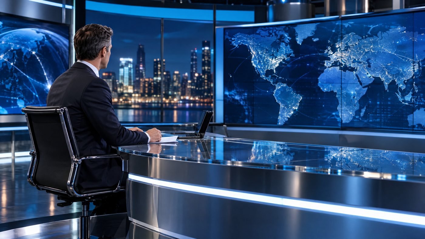 News presenter beside a digital world map in a broadcast studio