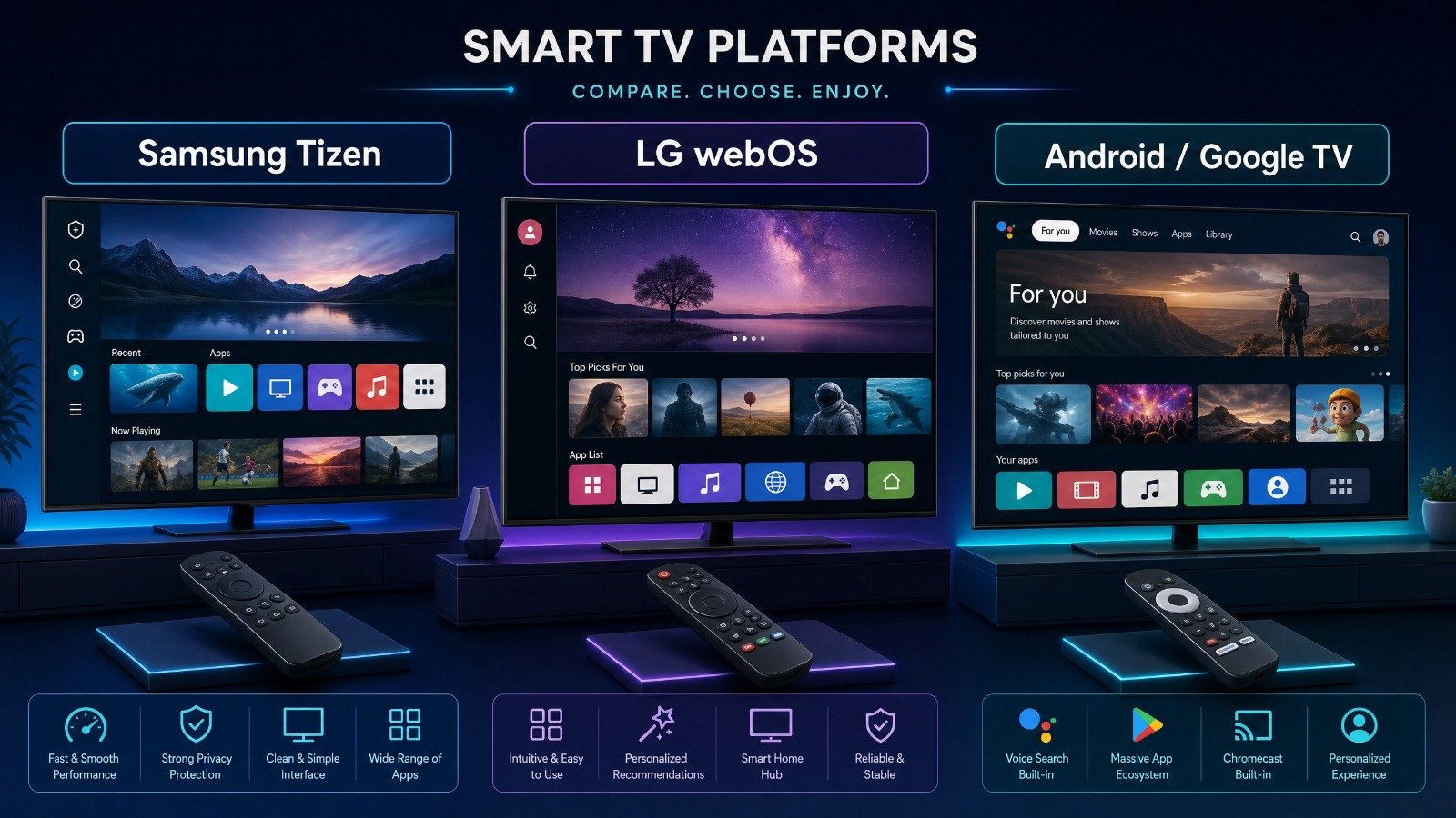 Samsung, LG and Android Smart TVs displaying streaming applications