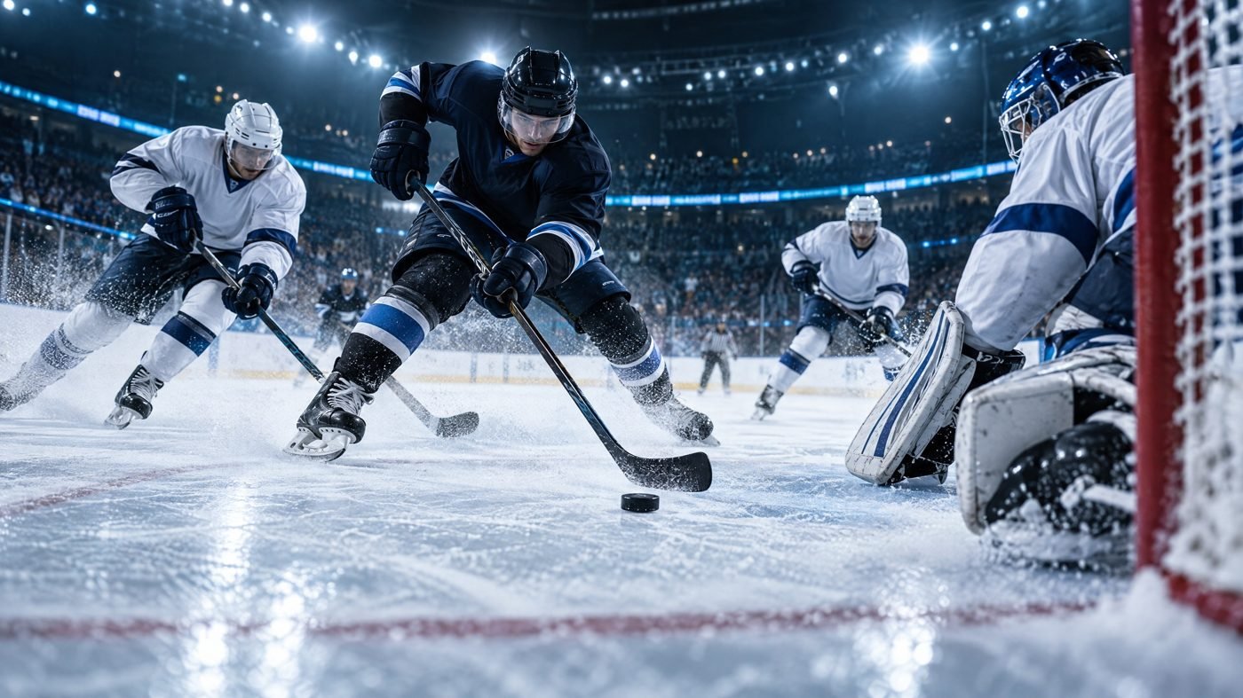 Hockey fans watching a live game on a television