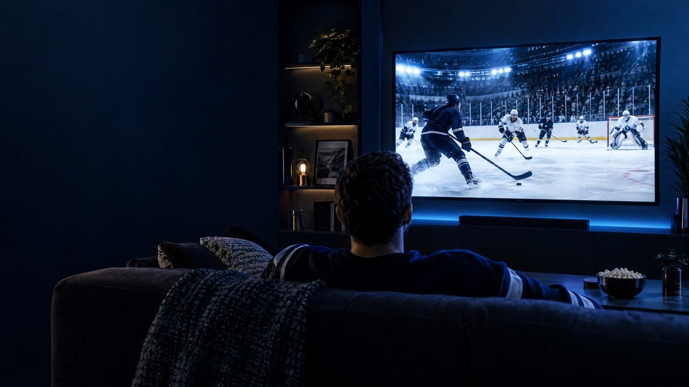 Live sports IPTV viewing on a television in a dark modern living room