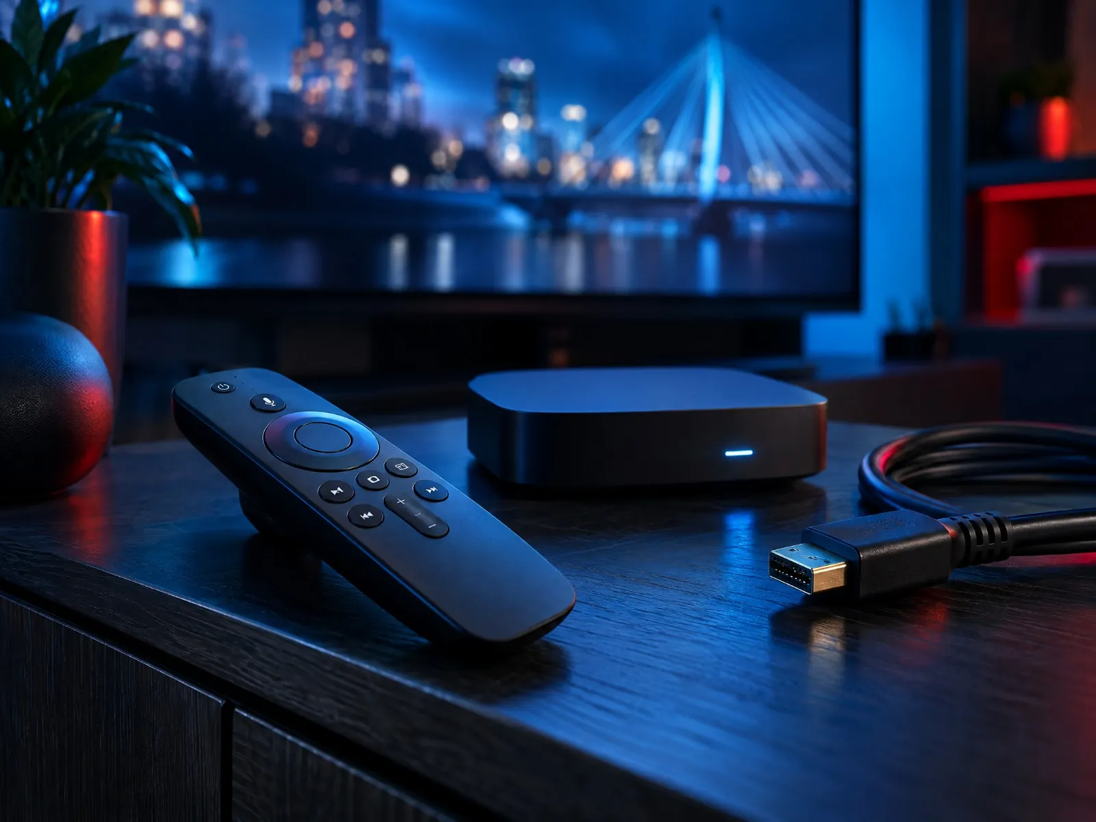 Streaming box, remote and HDMI cable ready for setup in a Winnipeg living room