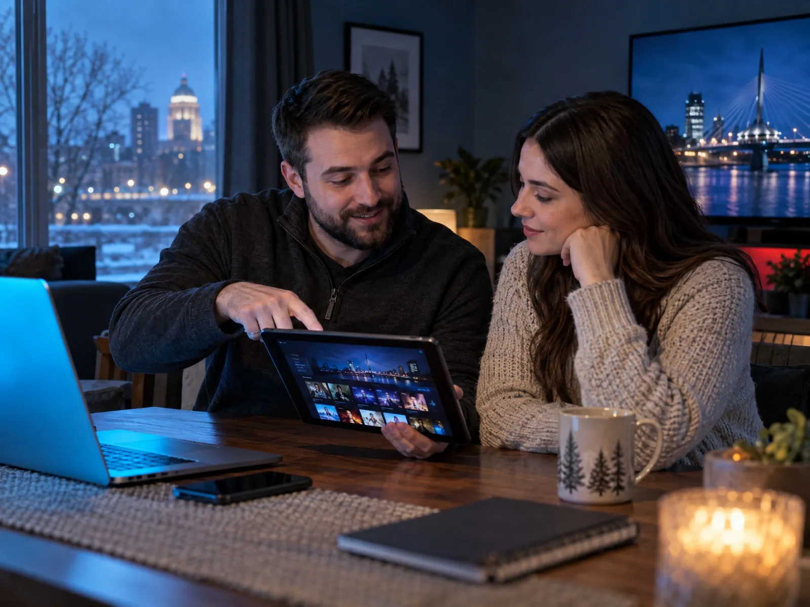 Winnipeg couple reviewing streaming options on a tablet before choosing a plan